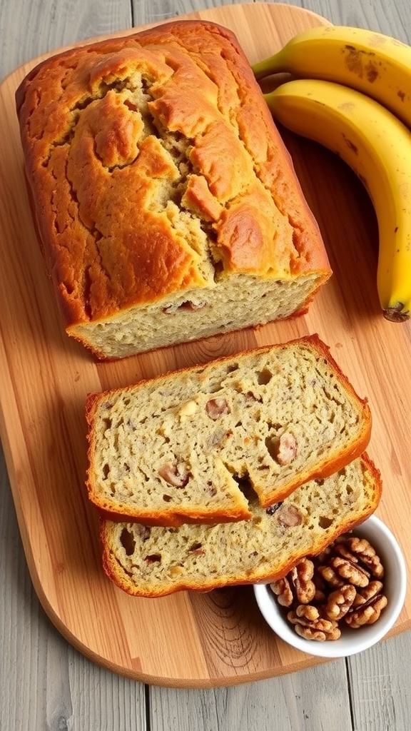 A loaf of banana bread sliced on a wooden board, with ripe bananas and walnuts nearby.